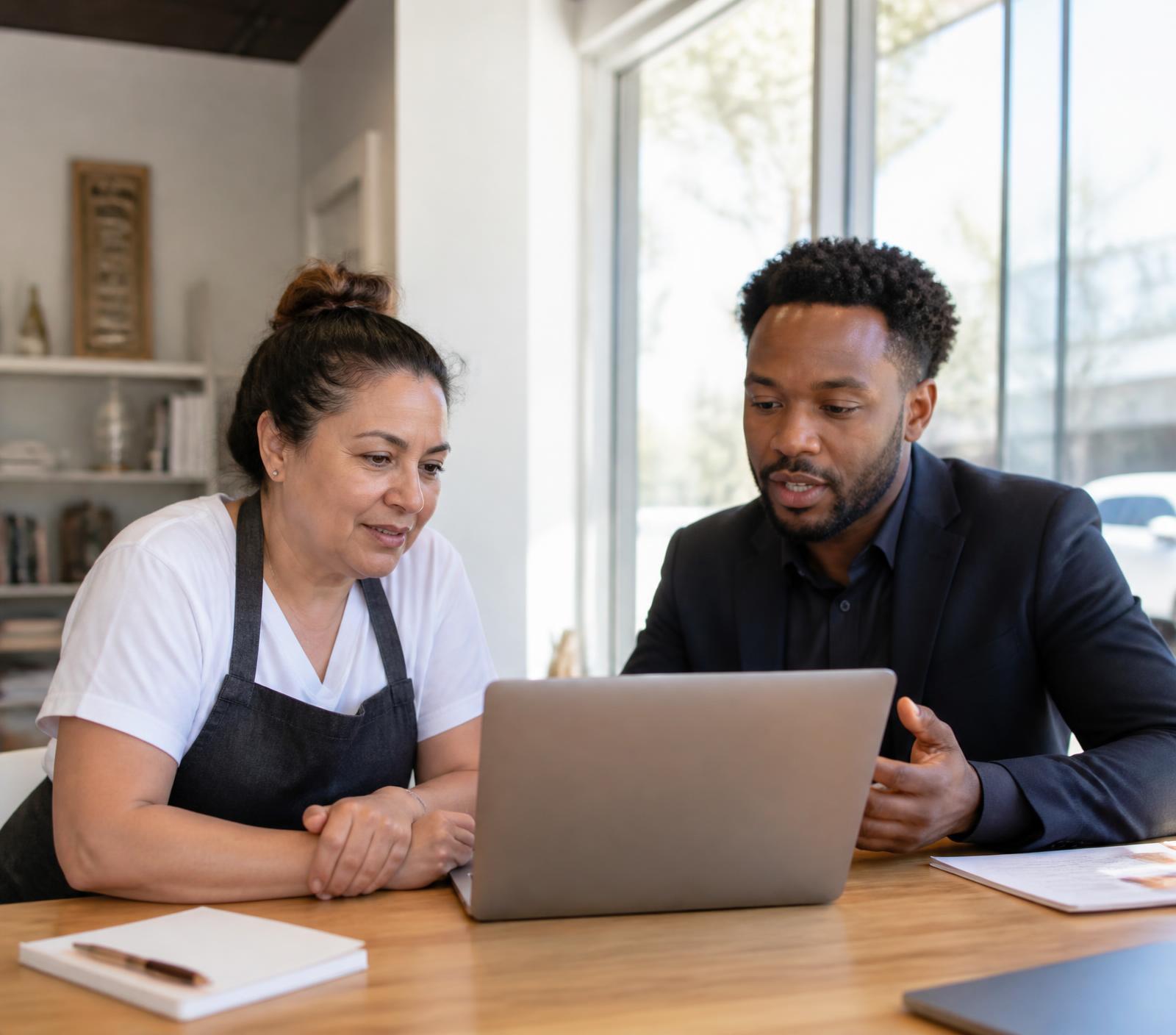 Une entrepreneure et un conseiller numérique regardent ensemble un ordinateur portable